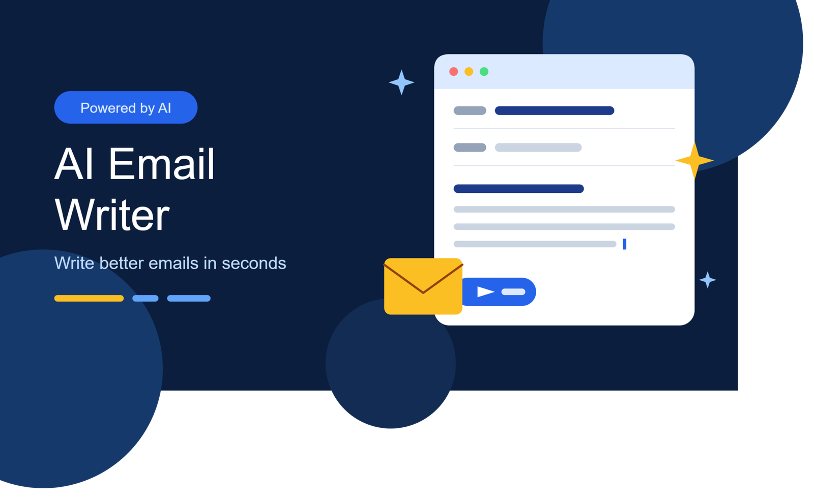 Deep blue banner reading “AI Email Writer” with the tagline “Write better emails in seconds,” beside an illustrated email window with a subject line, message text, and a send button, plus a gold envelope and sparkles.