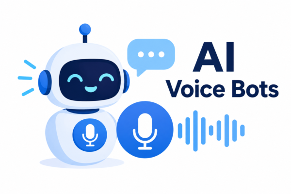 AI voice bots with a friendly robot, microphone, and sound waves, representing AI-powered voice assistants and automated communication.
