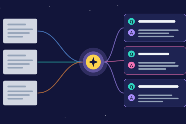 Abstract night-sky illustration of an AI FAQ generator. Three document sheets on the left send colored ribbons into a glowing golden spark, which outputs three cards on the right.