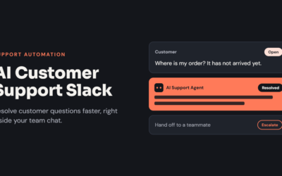 Feature image of an AI support agent resolving a customer question in a team chat, with an escalate option, titled “AI Customer Support Slack”