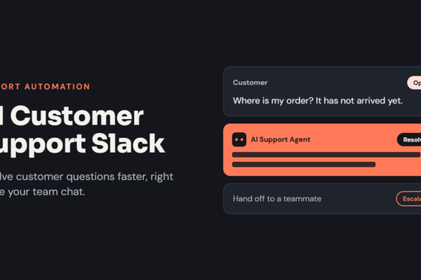 Feature image of an AI support agent resolving a customer question in a team chat, with an escalate option, titled “AI Customer Support Slack”