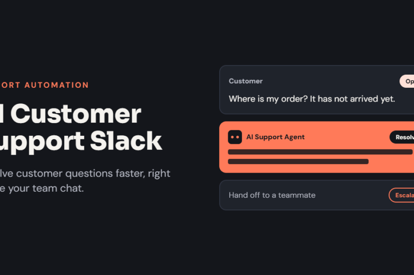 Feature image of an AI support agent resolving a customer question in a team chat, with an escalate option, titled “AI Customer Support Slack”