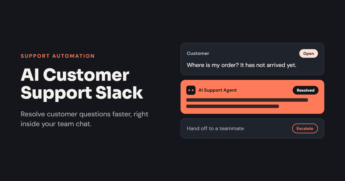 Feature image of an AI support agent resolving a customer question in a team chat, with an escalate option, titled “AI Customer Support Slack”