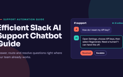 Illustration of a Slack-style support channel where an AI chatbot answers a user’s question about resetting an API key, beside the title “Efficient Slack AI Support Chatbot Guide.”