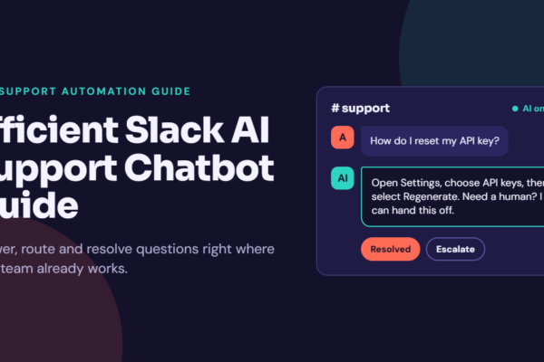 Illustration of a Slack-style support channel where an AI chatbot answers a user’s question about resetting an API key, beside the title “Efficient Slack AI Support Chatbot Guide.”