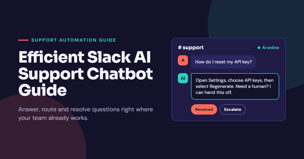 Illustration of a Slack-style support channel where an AI chatbot answers a user’s question about resetting an API key, beside the title “Efficient Slack AI Support Chatbot Guide.”